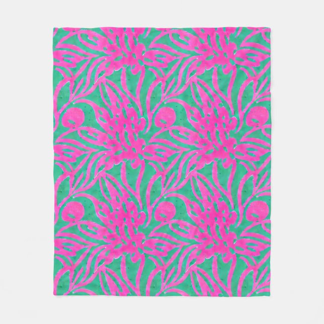 Vattenfärgad Shock rosa Aqua Oversize Damask Inspi Fleecefilt (Framsidan)