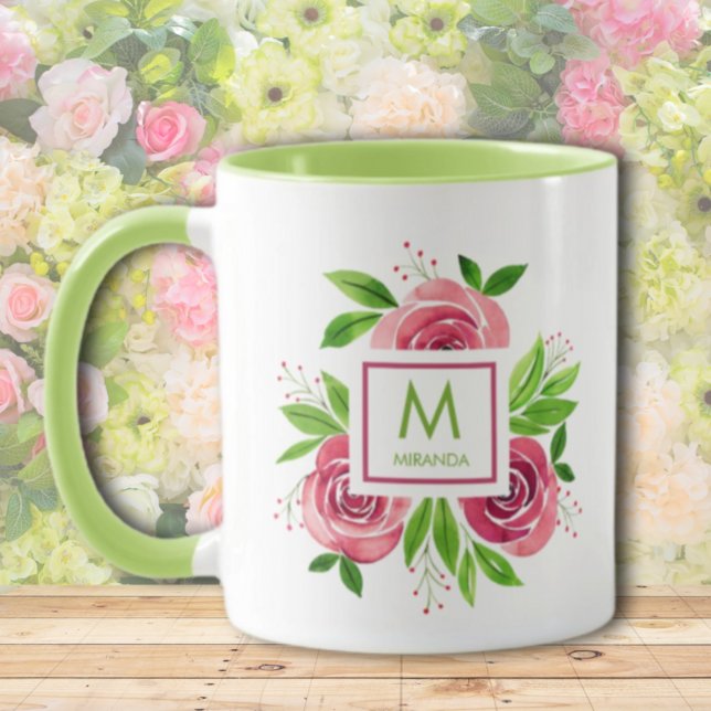 Vattenfärgad Shock rosa Ro Lime Monogram 2-ton Mugg (Skapare uppladdad)