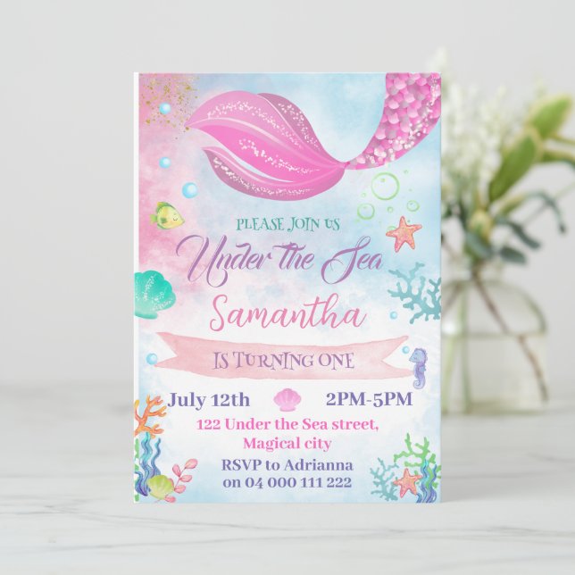 Vattenfärgad Sjöjungfru 1:a andra tredje fjärde fö Inbjudningar (Stående Fram)