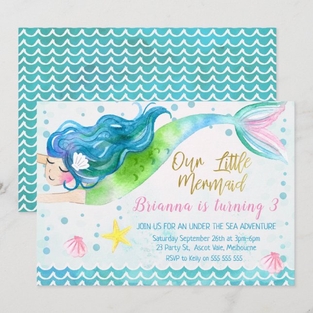 Vattenfärgad sjöjungfru inbjudningar (Fram/baksida)