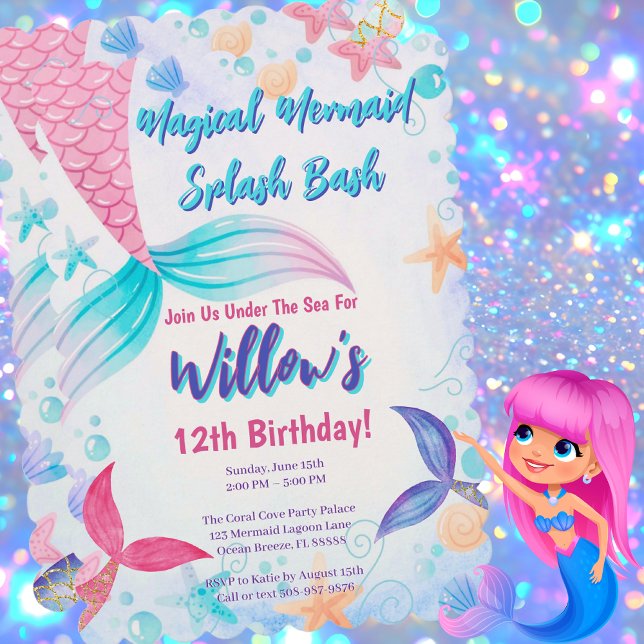Vattenfärgad Sjöjungfru Svan Magic Födelsedagsfest Inbjudningar (Magical Mermaid Birthday Party Invitation)