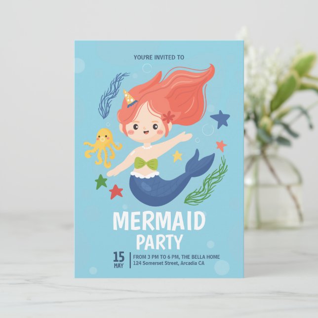 Vattenfärgad Sjöjungfru under Födelsedagsfesten Se Inbjudningar (Stående Fram)