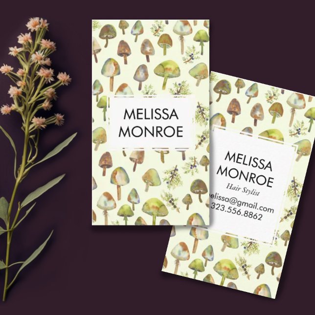 Vattenfärgad skog Botaniska svampar Visitkort (Watercolor mushrooms pattern on this customizable business card)