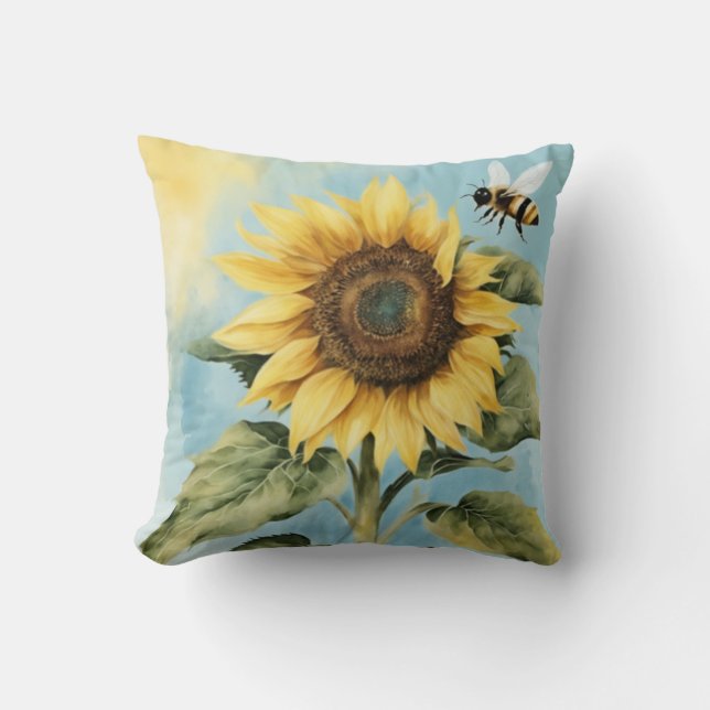 Vattenfärgad solros och bina kudde (Framsida)
