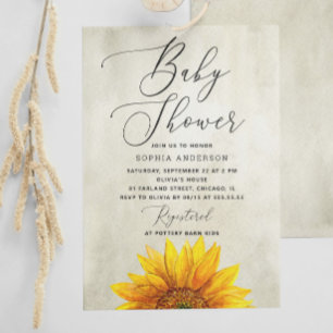 Vattenfärgad solros. Rustic blommigt babydusch Inbjudningar