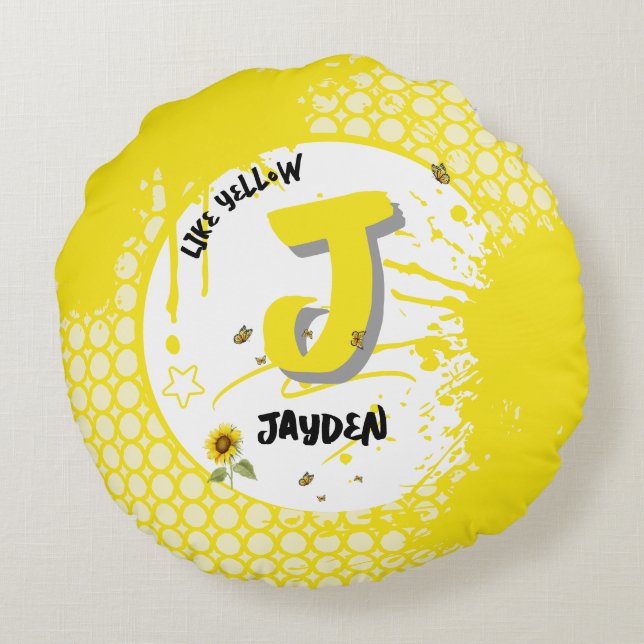 Vattenfärgad solrosa med fjärilar som Gult Rund Kudde (Baksidan)