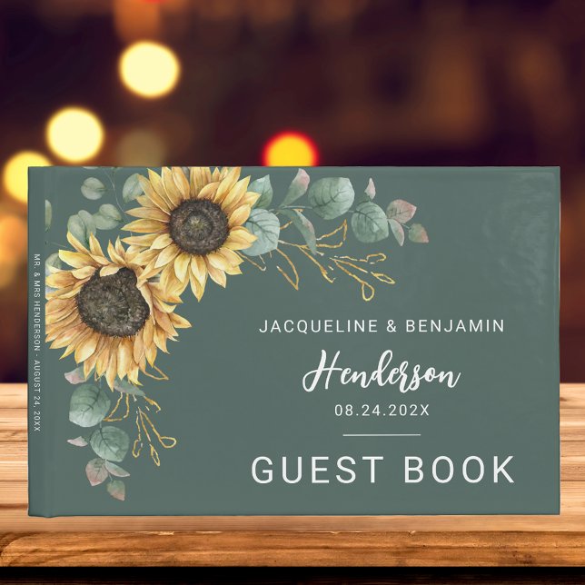 Vattenfärgad SolrosBlommigt Eucalyptus Bröllop Gästböcker (Sunflower Eucalyptus Greenery Wedding Guest Book)