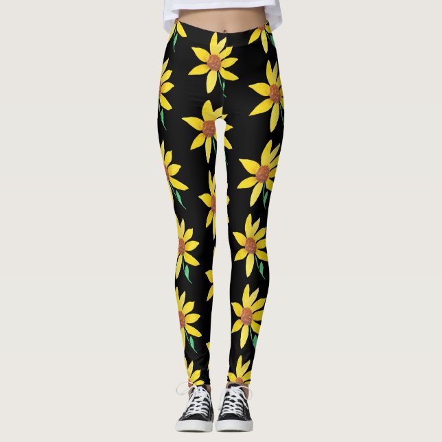 Vattenfärgad Solrosfärgad Blommigt Vibrant Hand Må Leggings (Framsida)
