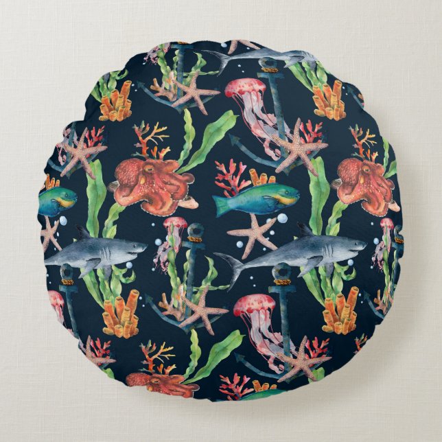 Vattenfärgad, sömlös mönster med haj och laminär rund kudde (Framsidan)