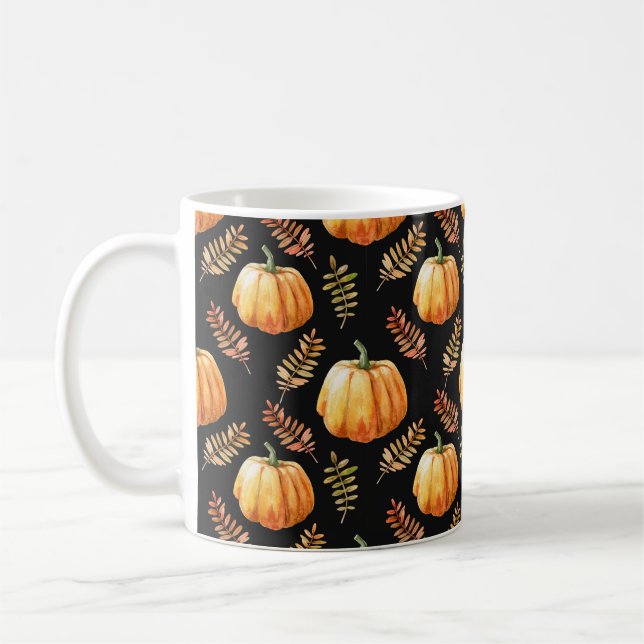 Vattenfärgad sömlös mönster med pumpkin kaffemugg (Vänster)