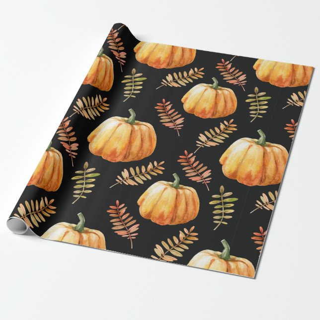 Vattenfärgad sömlös mönster med pumpkin presentpapper (Utrullad)