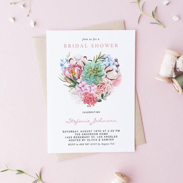 Vattenfärgad Succult Blommigt Heart-Möhippa Inbjudningar (Skapare uppladdad)