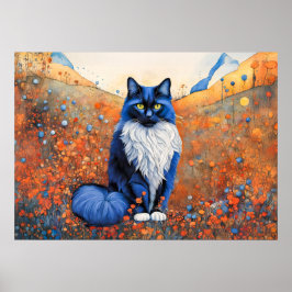 Vattenfärgad svart katt i Poppy Fält Poster