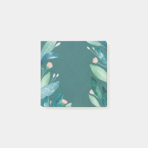 Vattenfärgad teal blommigt bladväxter botaniska tr post-it block
