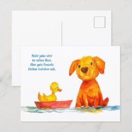 Vattenfärgad Tecknad Hund Se Anka i Boat Helg Vykort