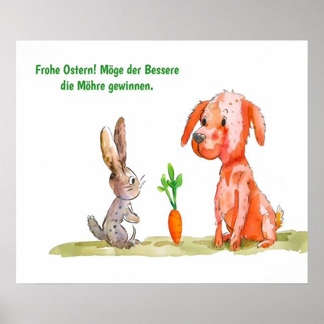 Vattenfärgad Tecknad Katt med Påskhare Poster (Framsidan)