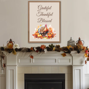 Vattenfärgad Thanksgiving Turkiet och pumpor Fototryck