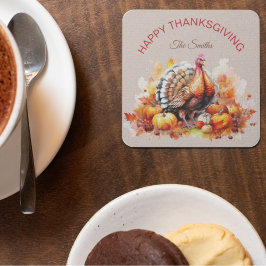 Vattenfärgad Thanksgiving Turkiet och pumpor Underlägg Papper Kvadrat