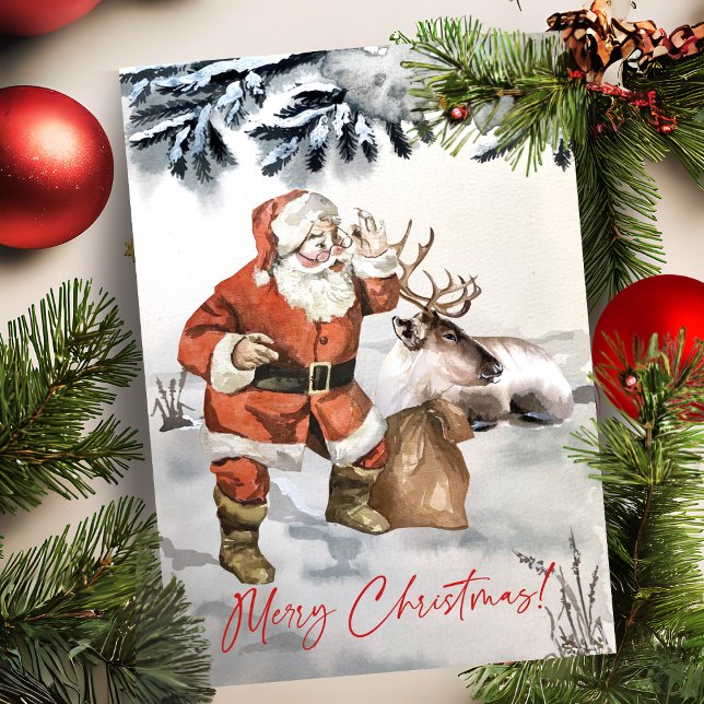 Vattenfärgad tomt med renare Anpassningsbar jul Julkort (Watercolor Santa With Reindeer Custom Christmas Holiday Card)