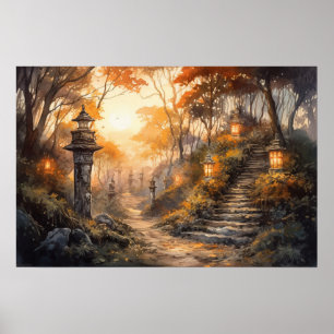 Vattenfärgad trädbevuxen väg med lyktor i fall poster