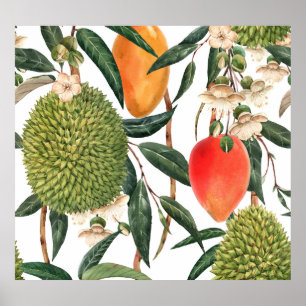 Vattenfärgad tropisk durian, mango mönster. poster