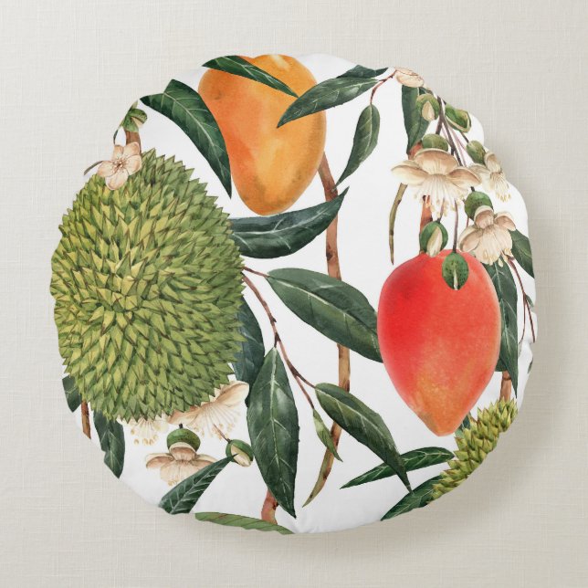 Vattenfärgad tropisk durian, mango mönster. rund kudde (Framsidan)