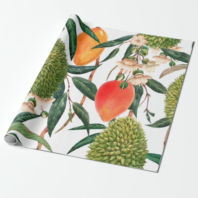 Vattenfärgad tropisk mönster, duriansk frukt, mang presentpapper (Utrullad)