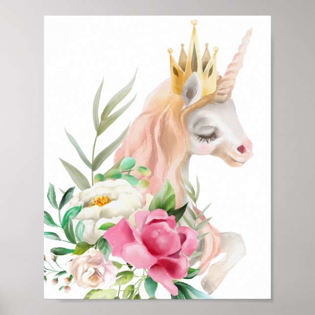 Vattenfärgad Unicorn med Krona Poster (Framsidan)