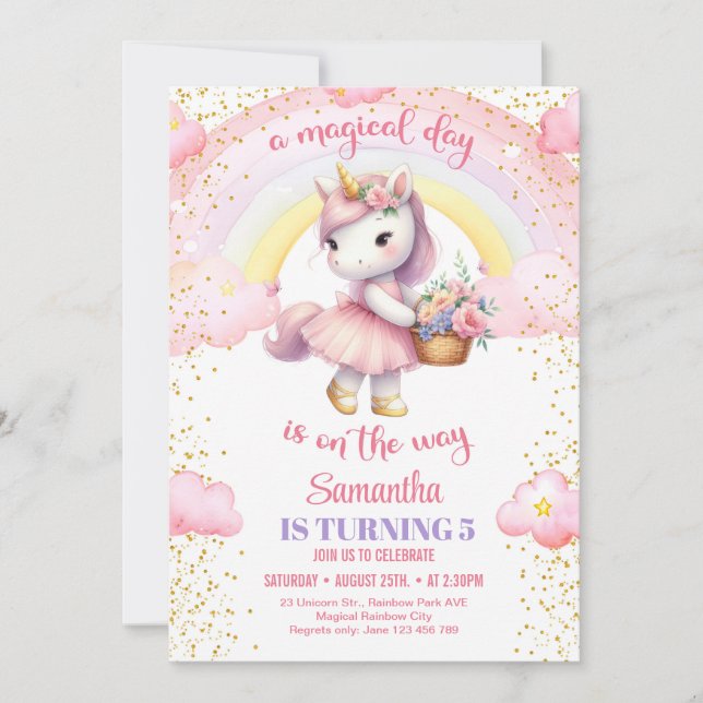Vattenfärgad unicorn med tutuklänning och blommor  inbjudningar (Framsida)