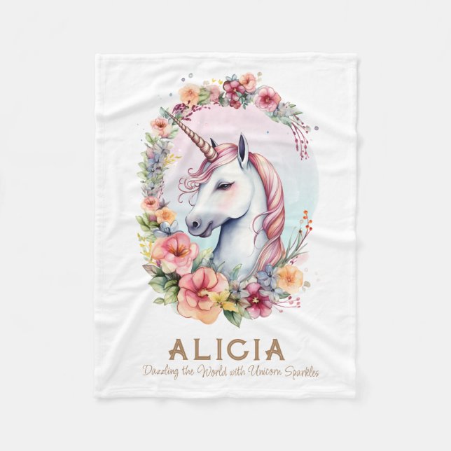 Vattenfärgad Unicorn och Blommigt WandeBaby Blanke Fleecefilt (Framsidan)