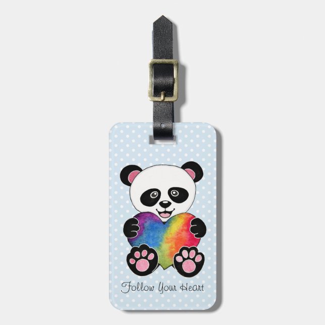 Vattenfärgad utspädd panda med regnbåge i hjärtat bagagebricka (Vertikal Framsida)
