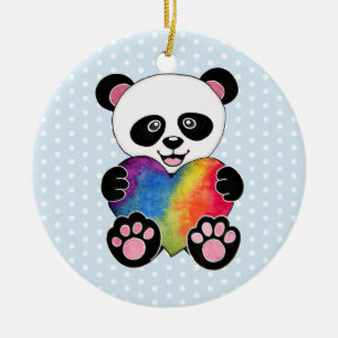 Vattenfärgad utspädd panda med regnbåge i hjärtat julgransprydnad keramik