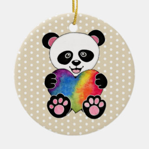 Vattenfärgad utspädd panda med regnbåge i hjärtat julgransprydnad keramik