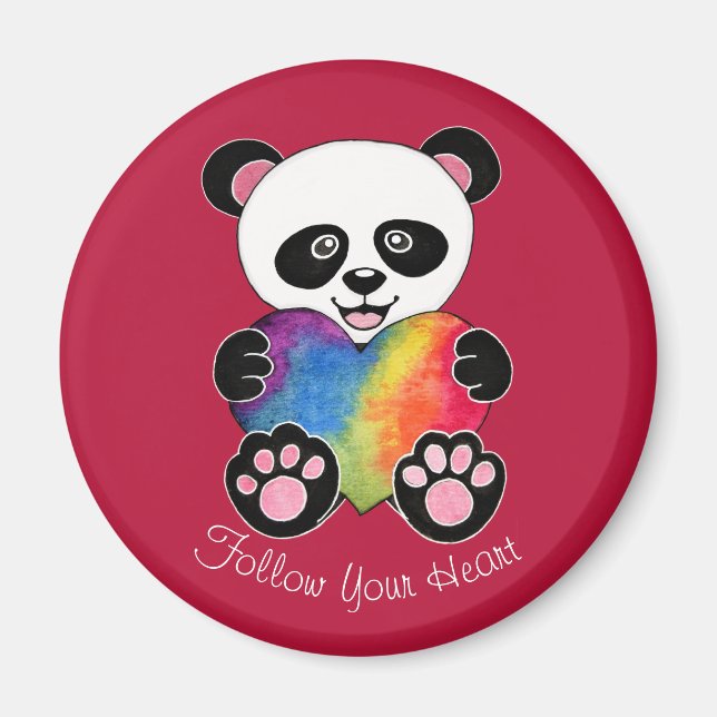 Vattenfärgad utspädd panda med regnbåge i hjärtat magnet (Framsidan)