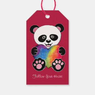 Vattenfärgad utspädd panda med regnbåge i hjärtat presentetikett