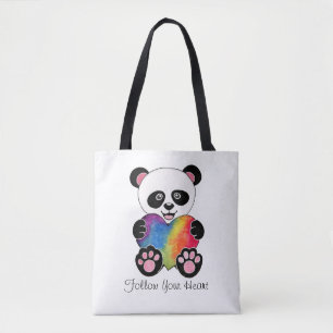 Vattenfärgad utspädd panda med regnbåge i hjärtat tygkasse