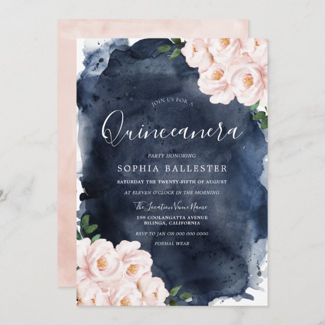 Vattenfärgad vacker  Blommigt Quinceanera Inbjudningar (Fram/baksida)