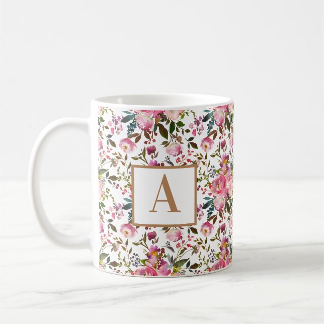 Vattenfärgad Vår Blommigt Utandning Monogram Kaffe Kaffemugg (Vänster)