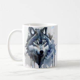 Vattenfärgad Varg Head Dusty Blue Monogram Kaffemugg