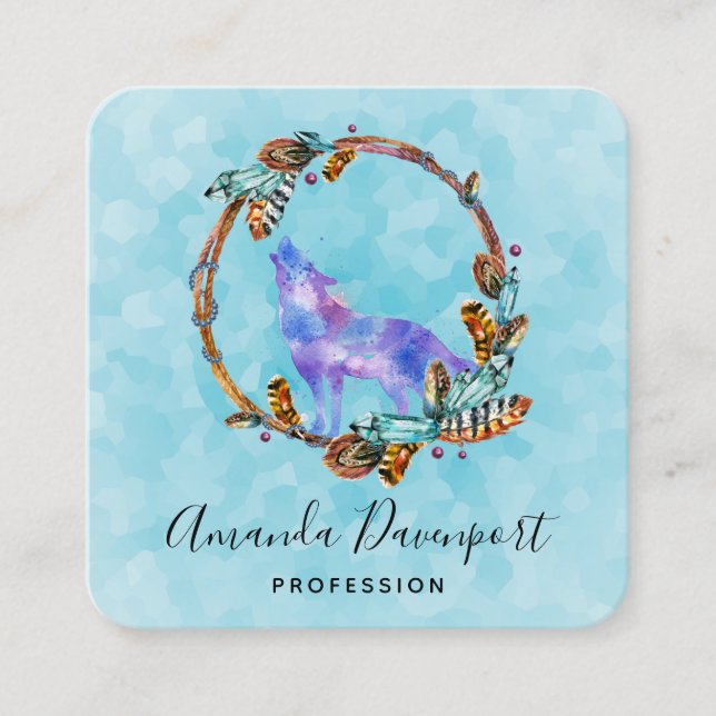Vattenfärgad Varg Howling i en Boho Stil-andedräkt Fyrkantigt Visitkort (Framsida)