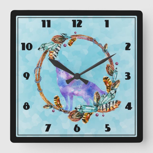 Vattenfärgad Varg Howling i en utandning av Boho S Fyrkantig Klocka (Framsida)