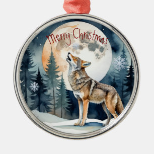 Vattenfärgad Varg Howling Måne Winter Animal art Julgransprydnad Metall