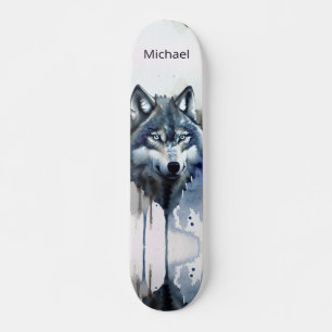 Vattenfärgad Varg huvud - blått blått Mini Skateboard Bräda 18,5 Cm