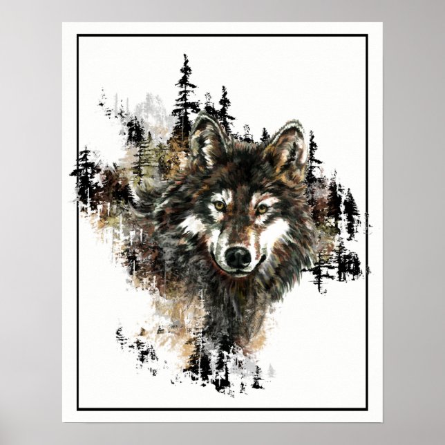 Vattenfärgad Varg med bergsgrafik Poster (Framsidan)