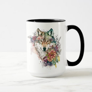 Vattenfärgad Varg med blommor i Nature Mugg