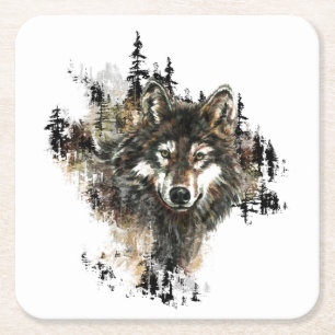 Vattenfärgad Varg Mountain Wilderness Animal Art Underlägg Papper Kvadrat