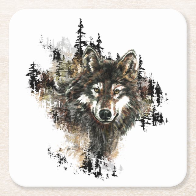 Vattenfärgad Varg Mountain Wilderness Animal Art Underlägg Papper Kvadrat (Framsidan)