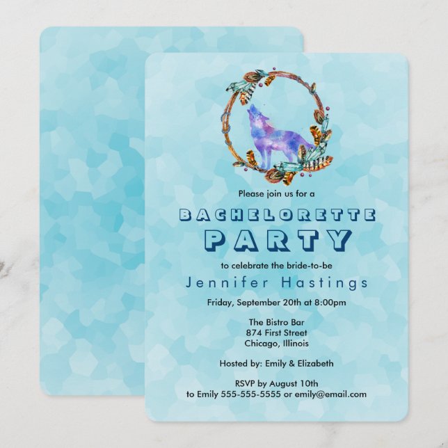 Vattenfärgad Varg - Vild Boho Stil Bachelorette Inbjudningar (Fram/baksida)