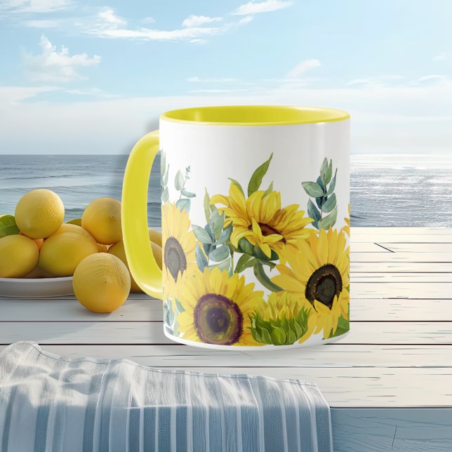 Vattenfärgad vibrant Solros gult, sommar Mugg (Watercolor vibrant Sunflower yellow Summer Mug)