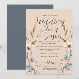 Vattenfärgad Vild Flower Cream och Grått Bröllop Inbjudningar